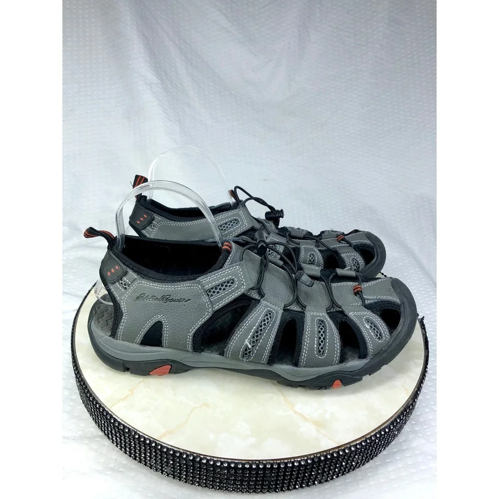 Eddie Bauer Troy Leather Sport Sandals Mens 12 Gray Bungee Hiking Outdoor Shoes